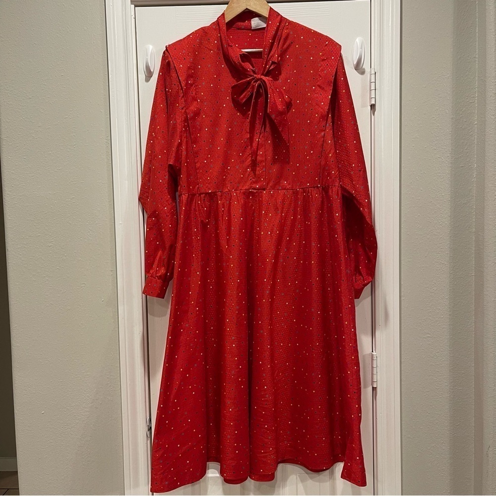 Vintage Red Polka Dot Midi Dress Women’s XL Tie Front Pinup Rockabilly Whimsical
